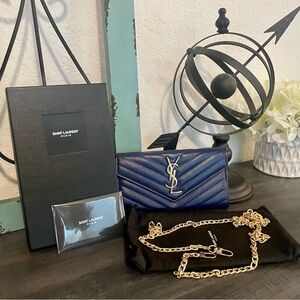 YSL Large flap Blue Wallet w/chain